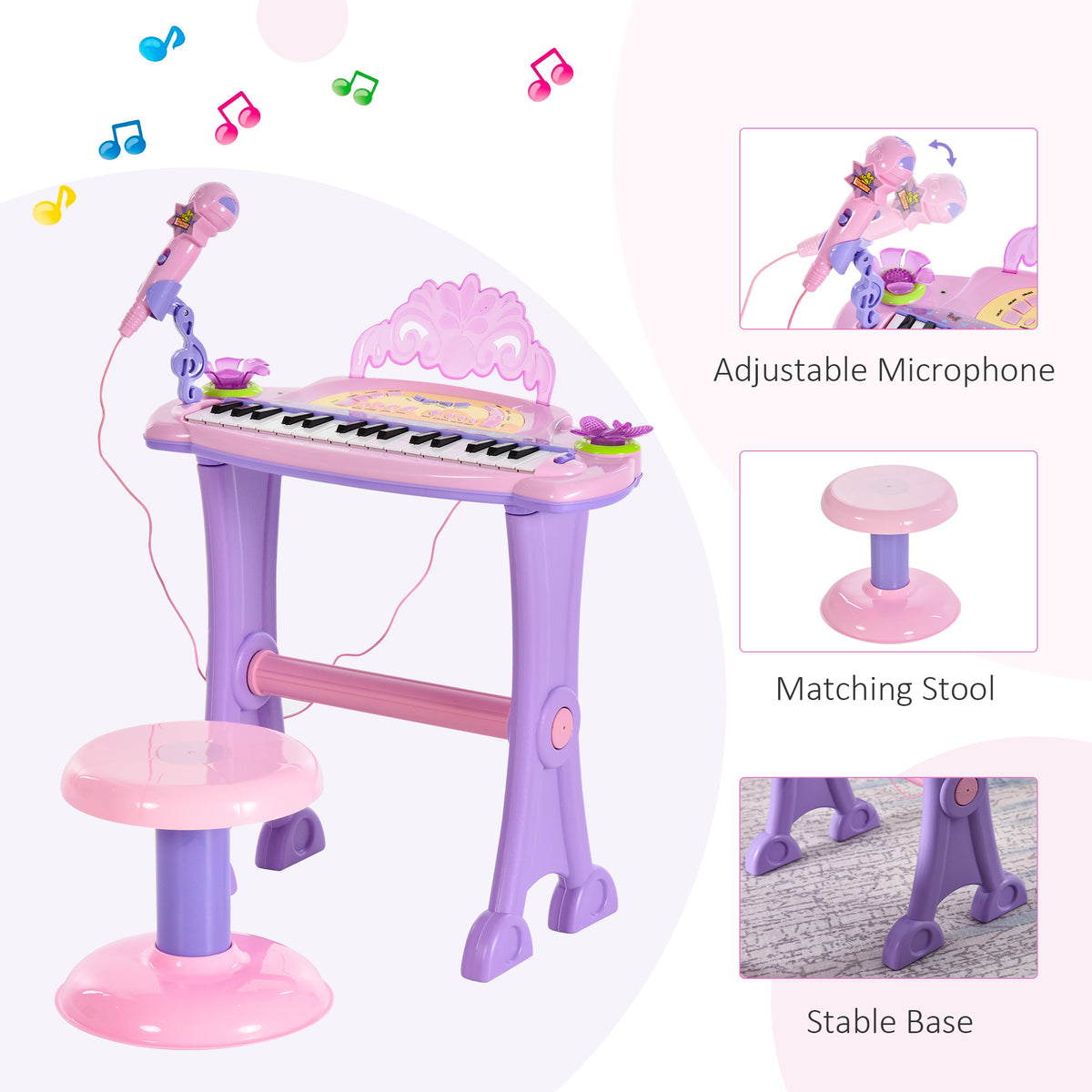 Piano electrónico para niños con diseño de mariposa y taburete