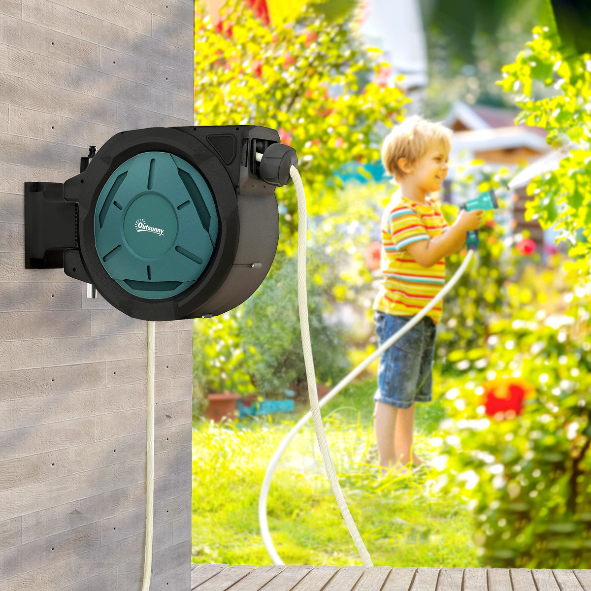 Wall-Mounted Retractable Garden Hose Reel 65 ft
