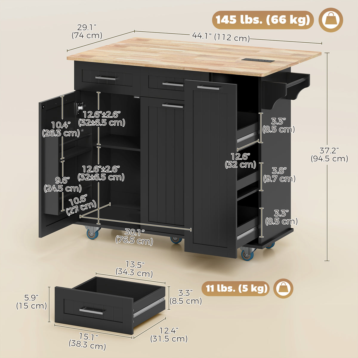 Isla de cocina con ruedas con encimera abatible y estación de carga