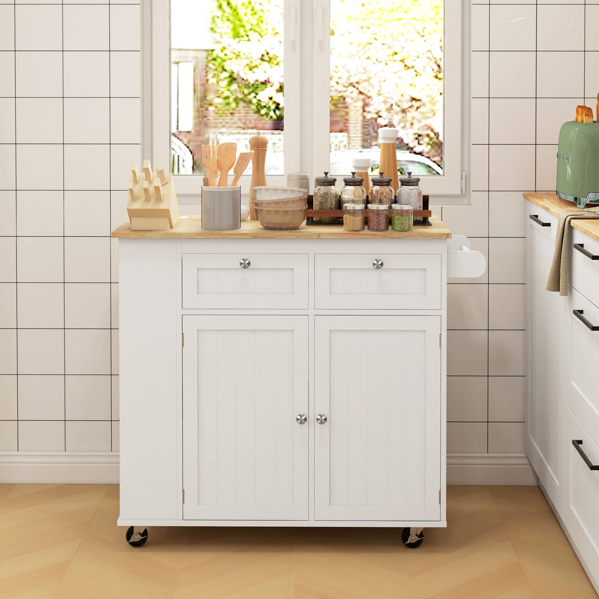 Rolling kitchen island with adjustable shelves