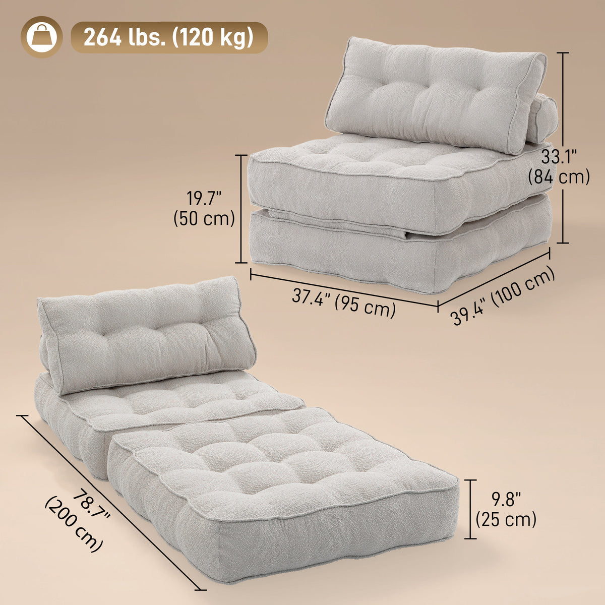 3-in-1 Convertible Chair Bed with Thick Cushions