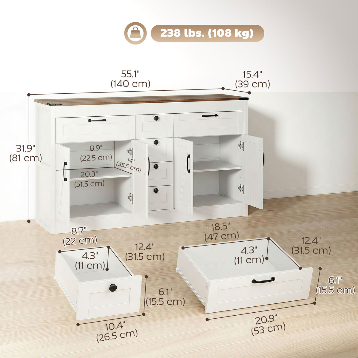 Farmhouse Buffet Sideboard Cabinet 4 Barn Doors 6 Drawers