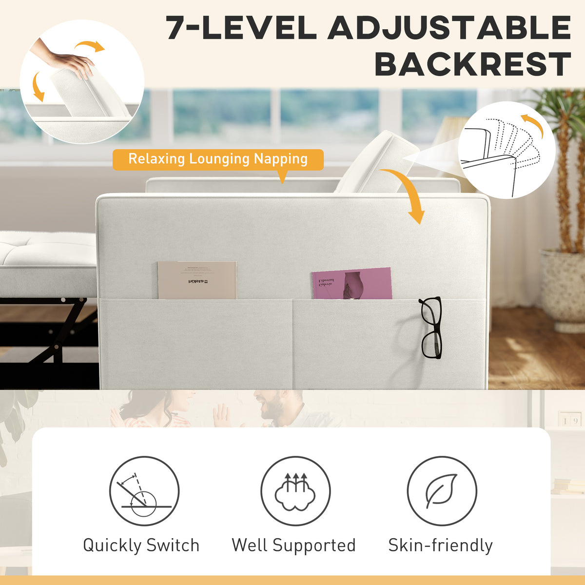 Convertible Velvet Chair Bed with USB Charging