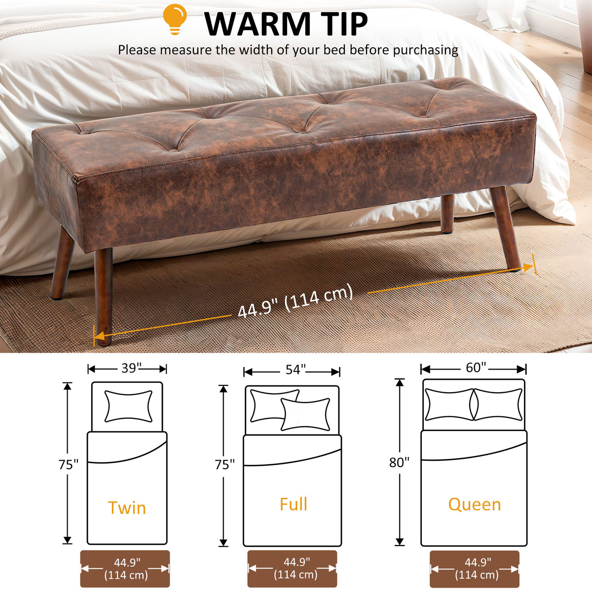 Tufted PU leather bedroom bench