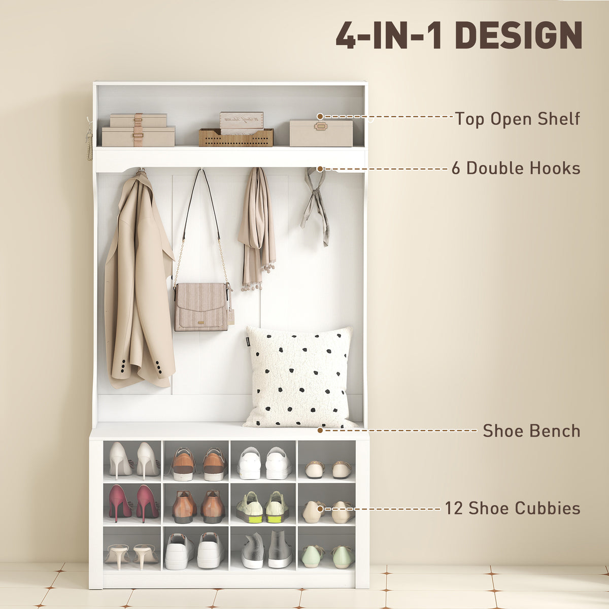 4-in-1 Hall Tree with Bench and 12 Shoe Cubbies