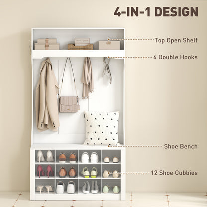 4-in-1 Hall Tree with Bench and 12 Shoe Cubbies