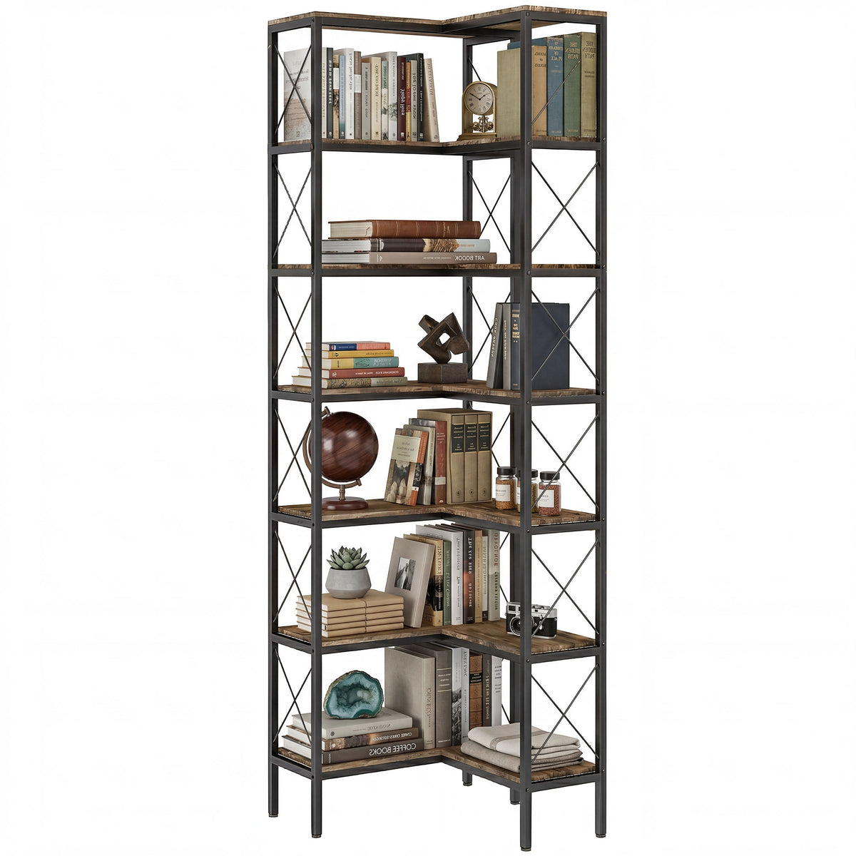 6-Tier L-Shaped Corner Bookshelf Industrial Style