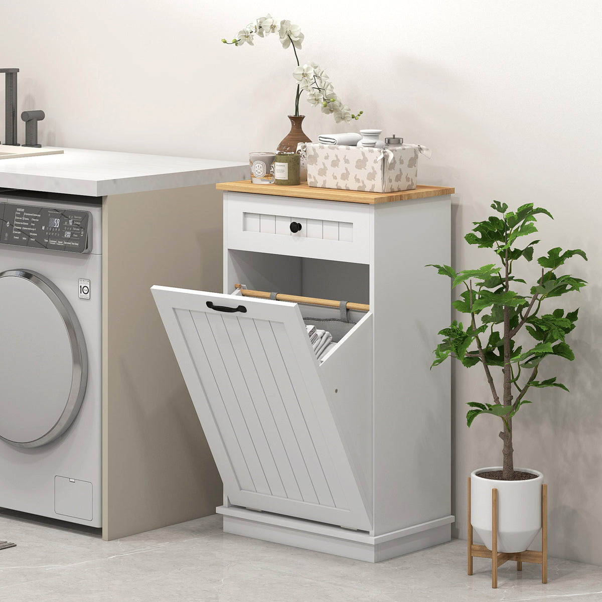 Tilt-Out Laundry Cabinet with Drawer and Basket