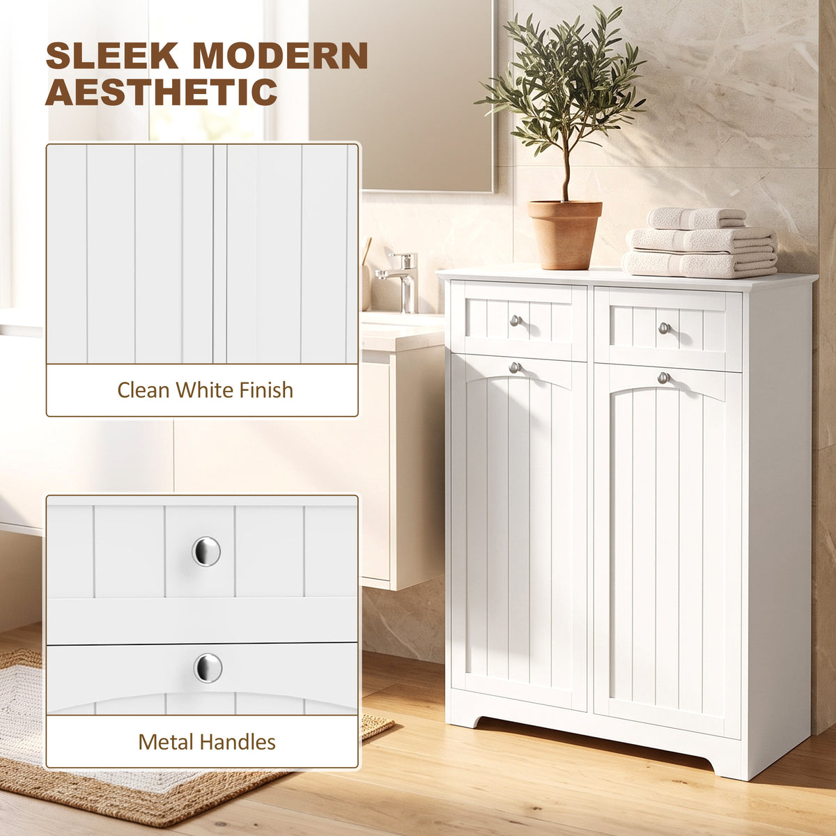Laundry cabinet with tilt-out hamper and drawers