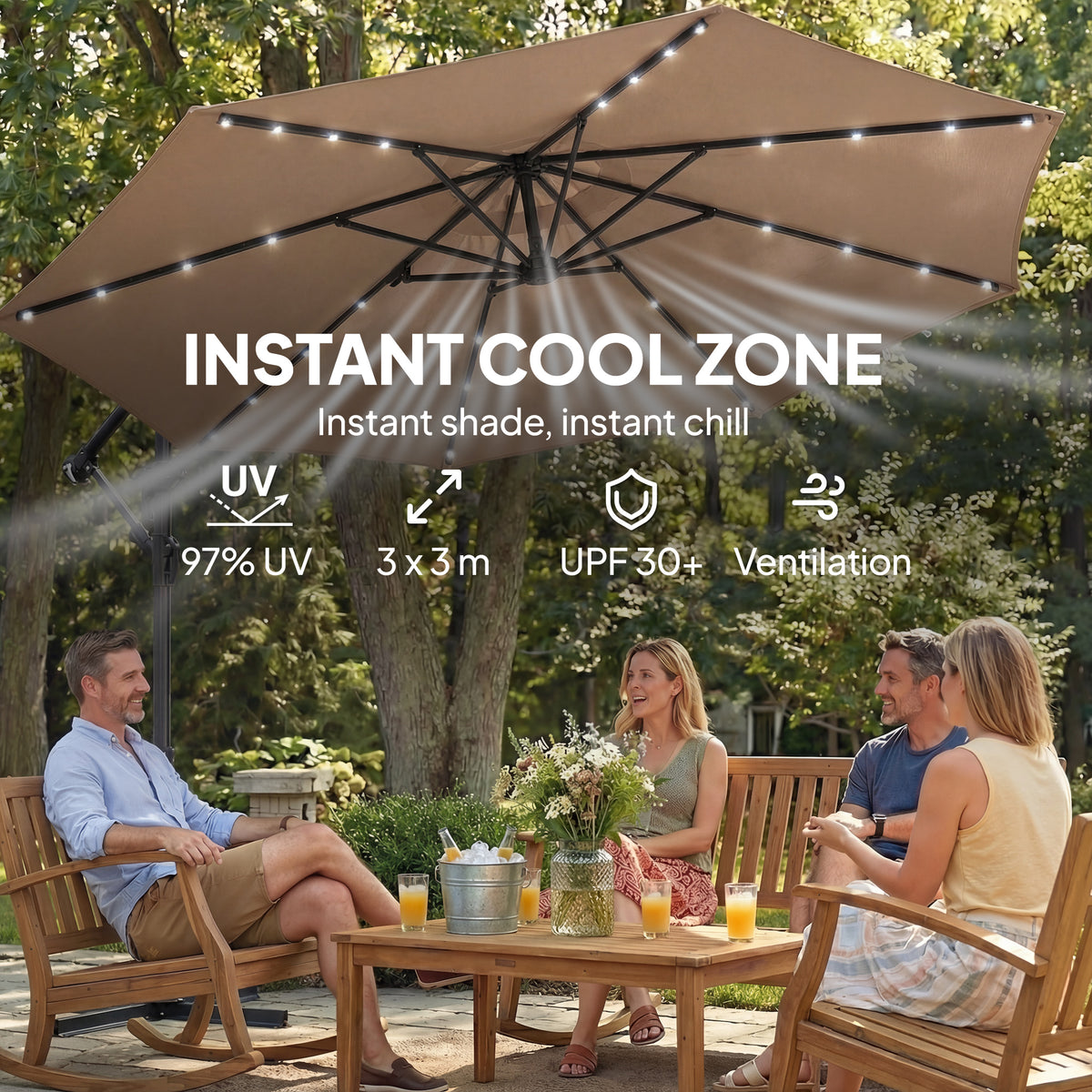 Cantilever Patio Umbrella with Solar LED Lights and Crank
