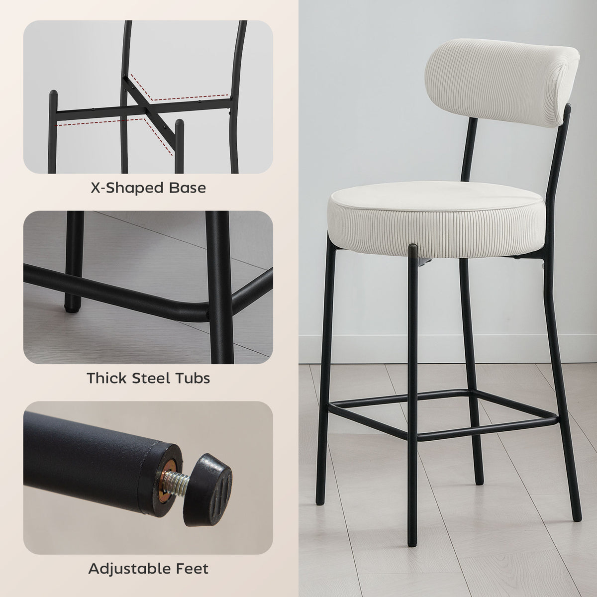 Upholstered Corduroy Bar Stools — Set of 2
