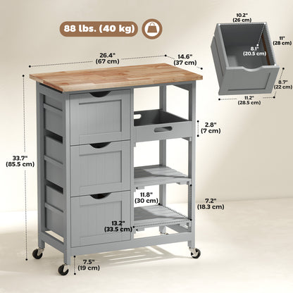 Rolling kitchen cart with wood top and drawers