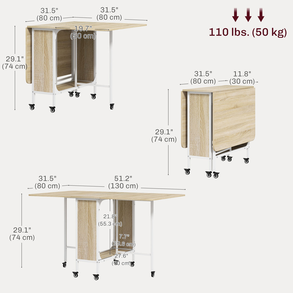 Mesa de comedor plegable extensible con tablero y ruedas