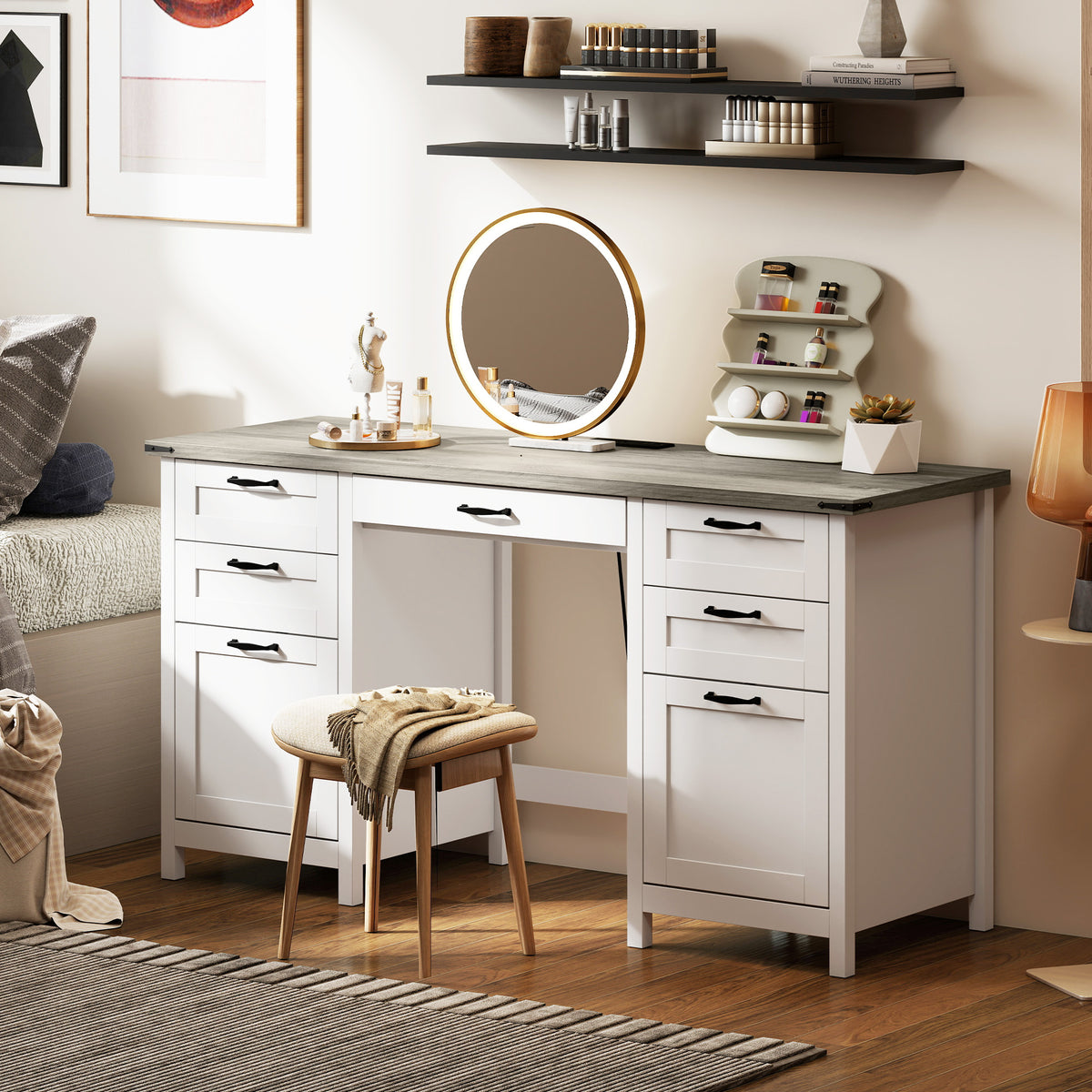Computer Desk with Seven Drawers and Charging Station