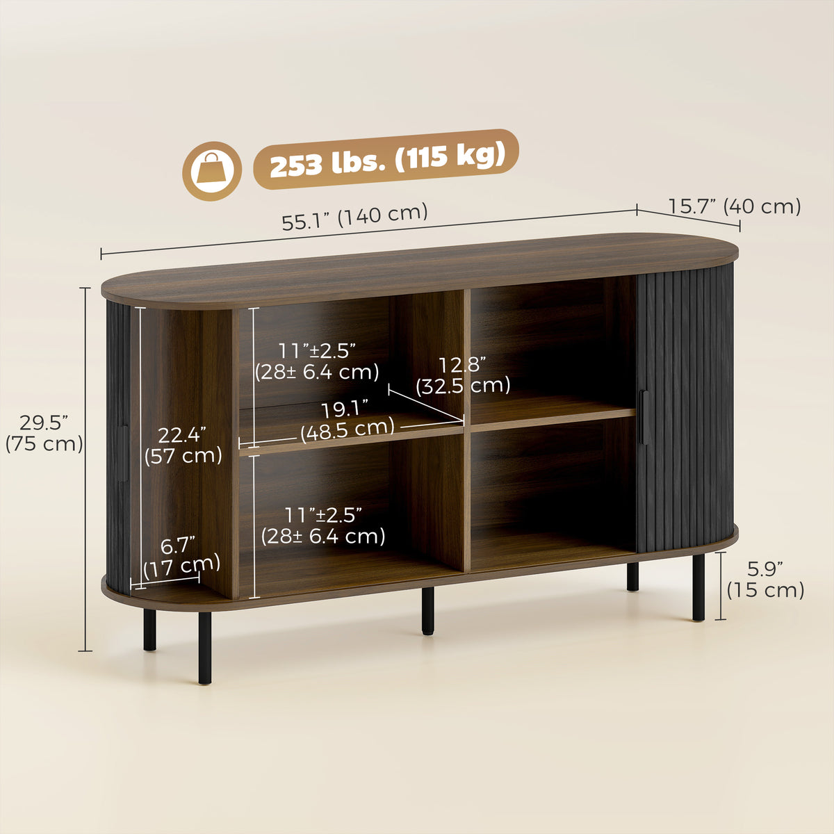 Fluted Sideboard Buffet Cabinet with Sliding Doors Adjustable Shelves