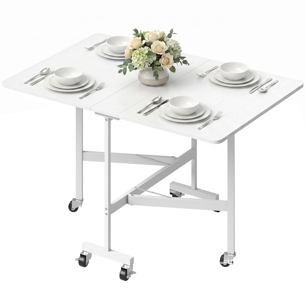Six-Seater Drop-Leaf Dining Table with Wheels