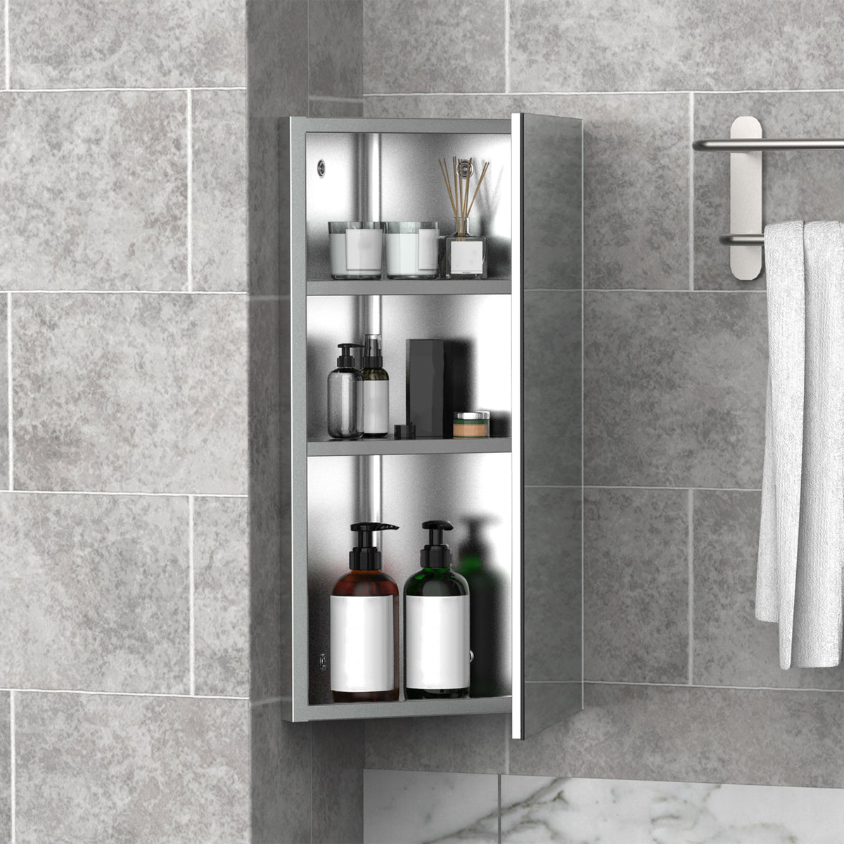 Wall mounted stainless steel bathroom corner mirror cabinet