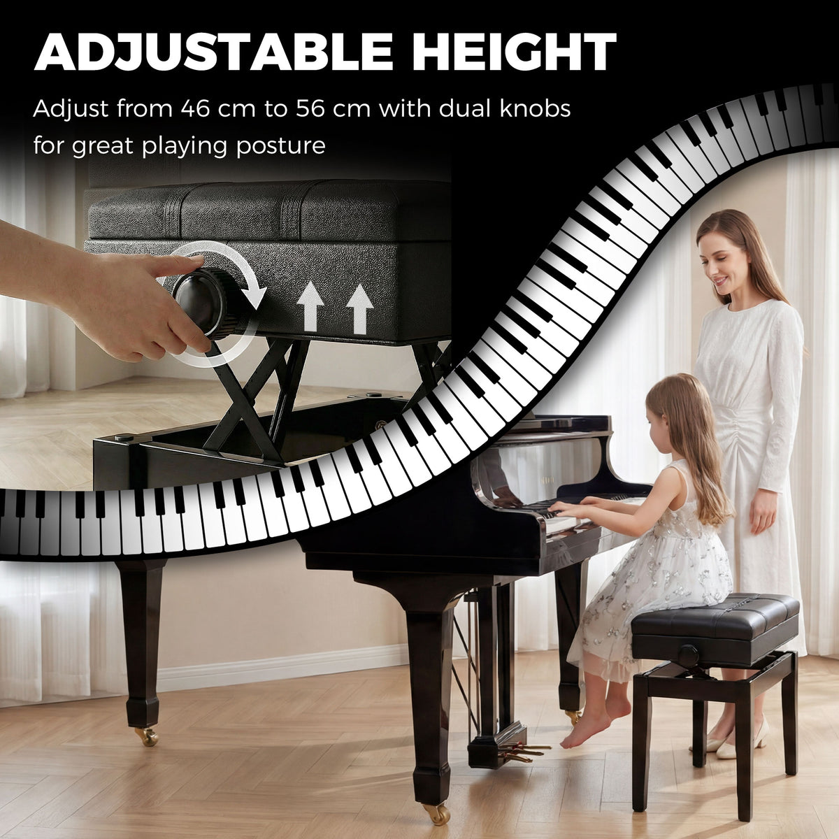 Faux leather adjustable piano bench with storage