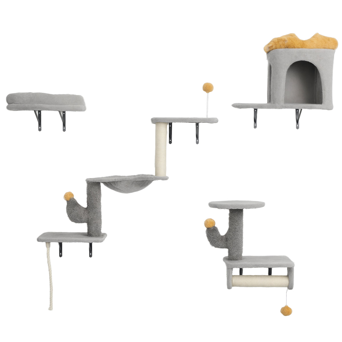 Conjunto de pared para gatos de 4 piezas con rascadores