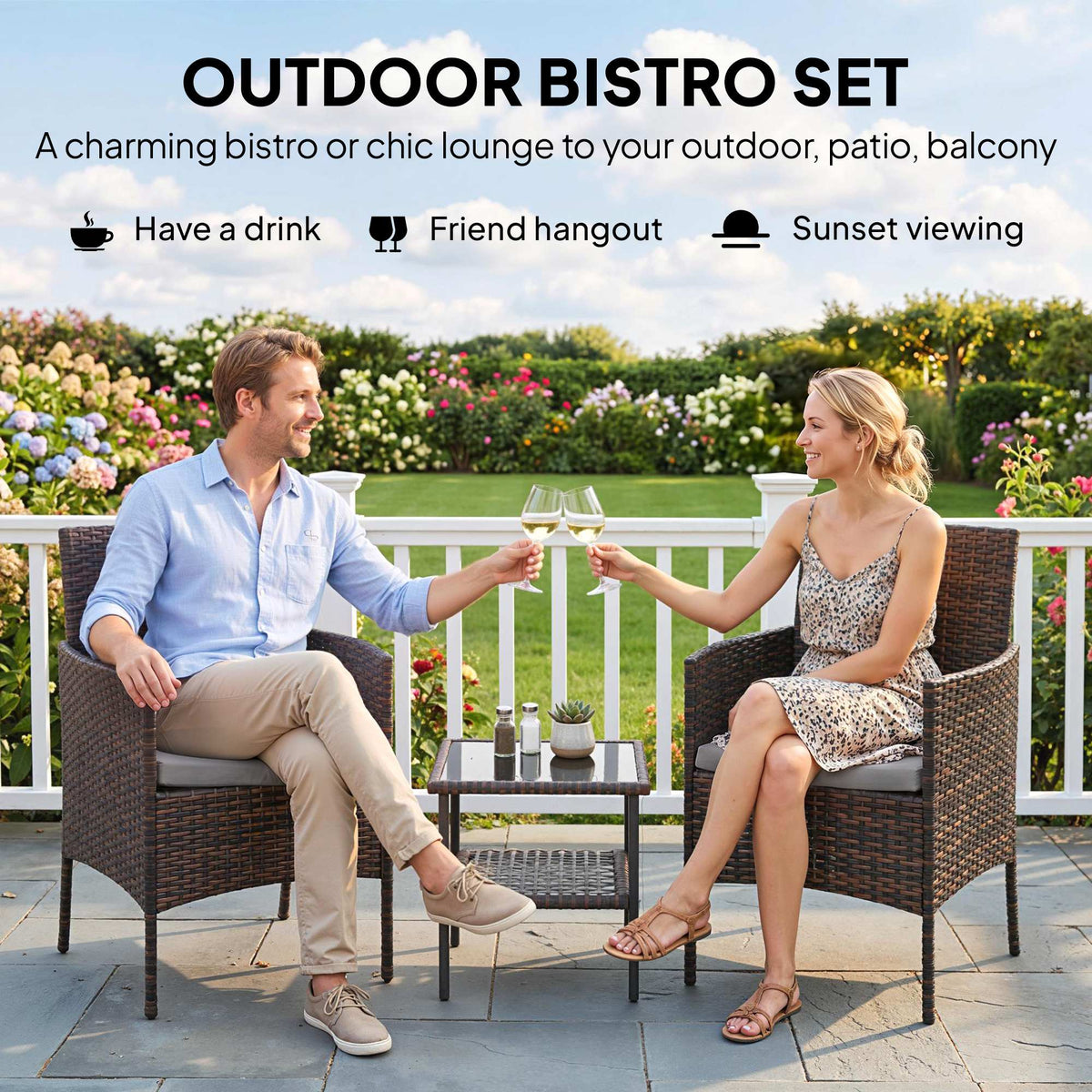 Bistro Set 3 Piece Wicker with Glass Table — Khaki