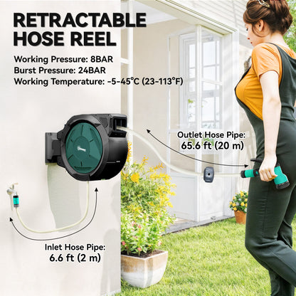 Wall-Mounted Retractable Garden Hose Reel 65 ft