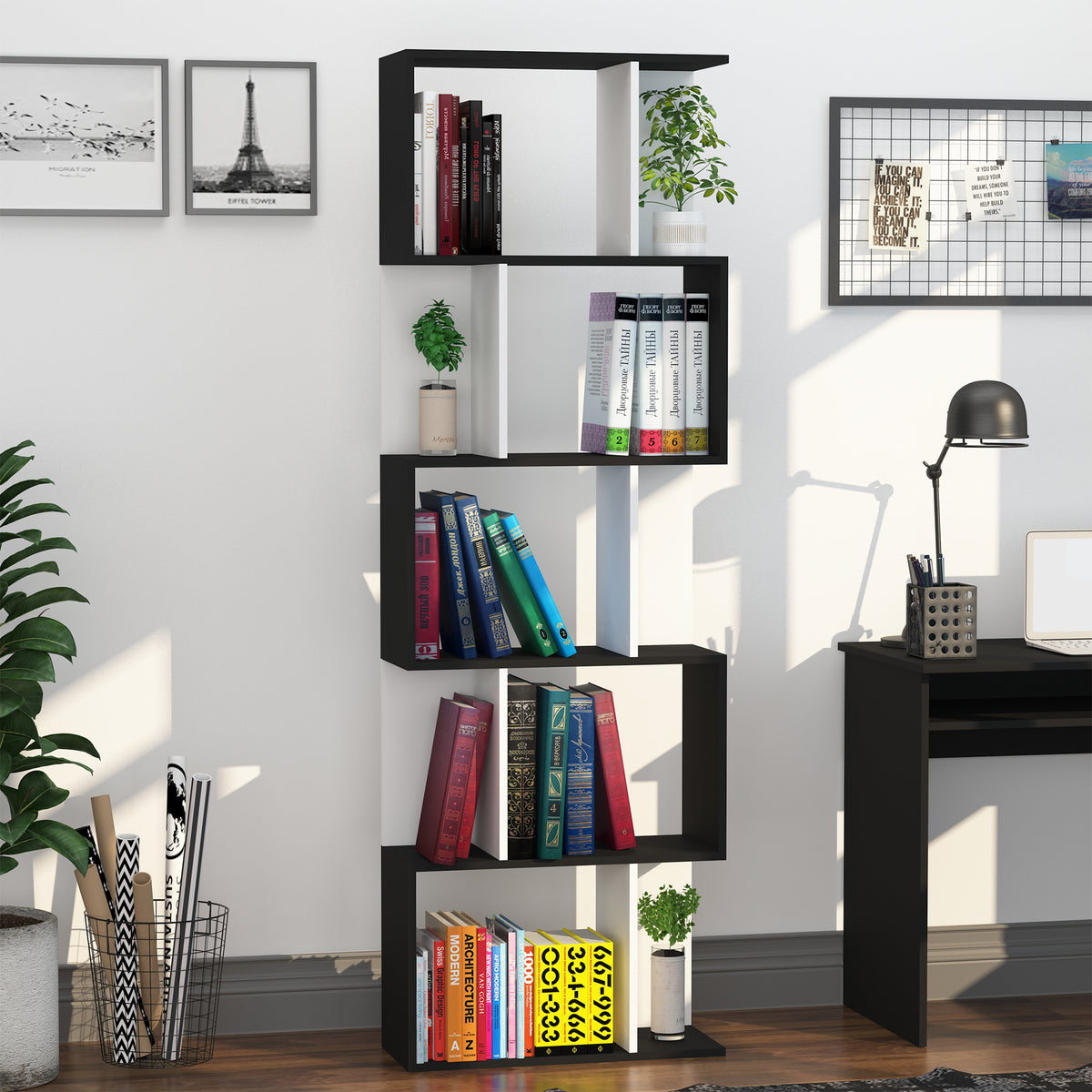 Librería geométrica de 5 niveles en forma de S