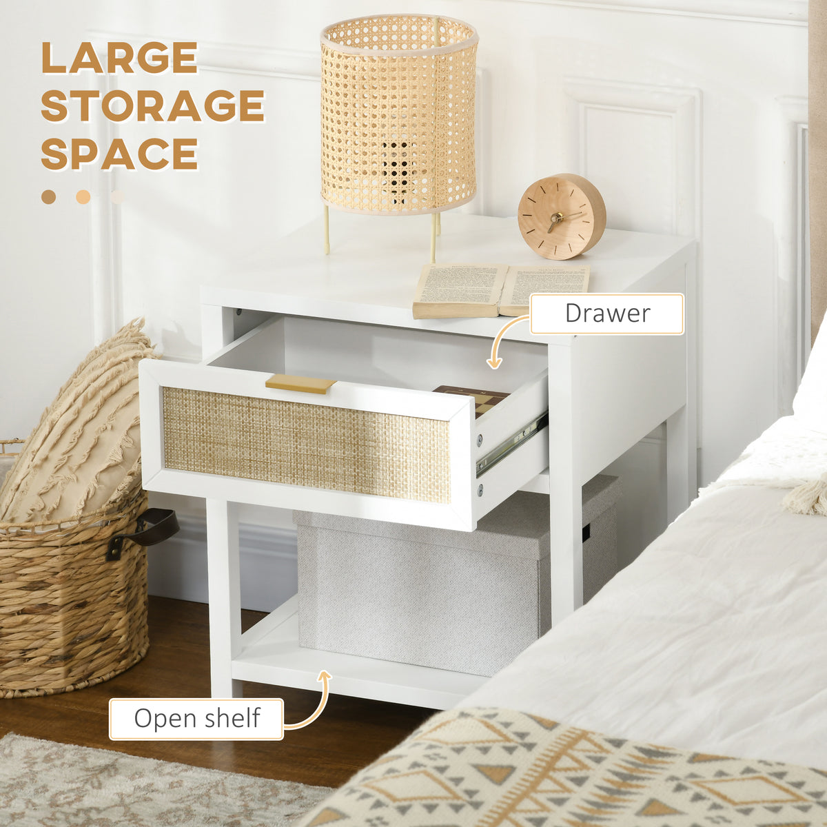 Boho Nightstand with Rattan Drawer