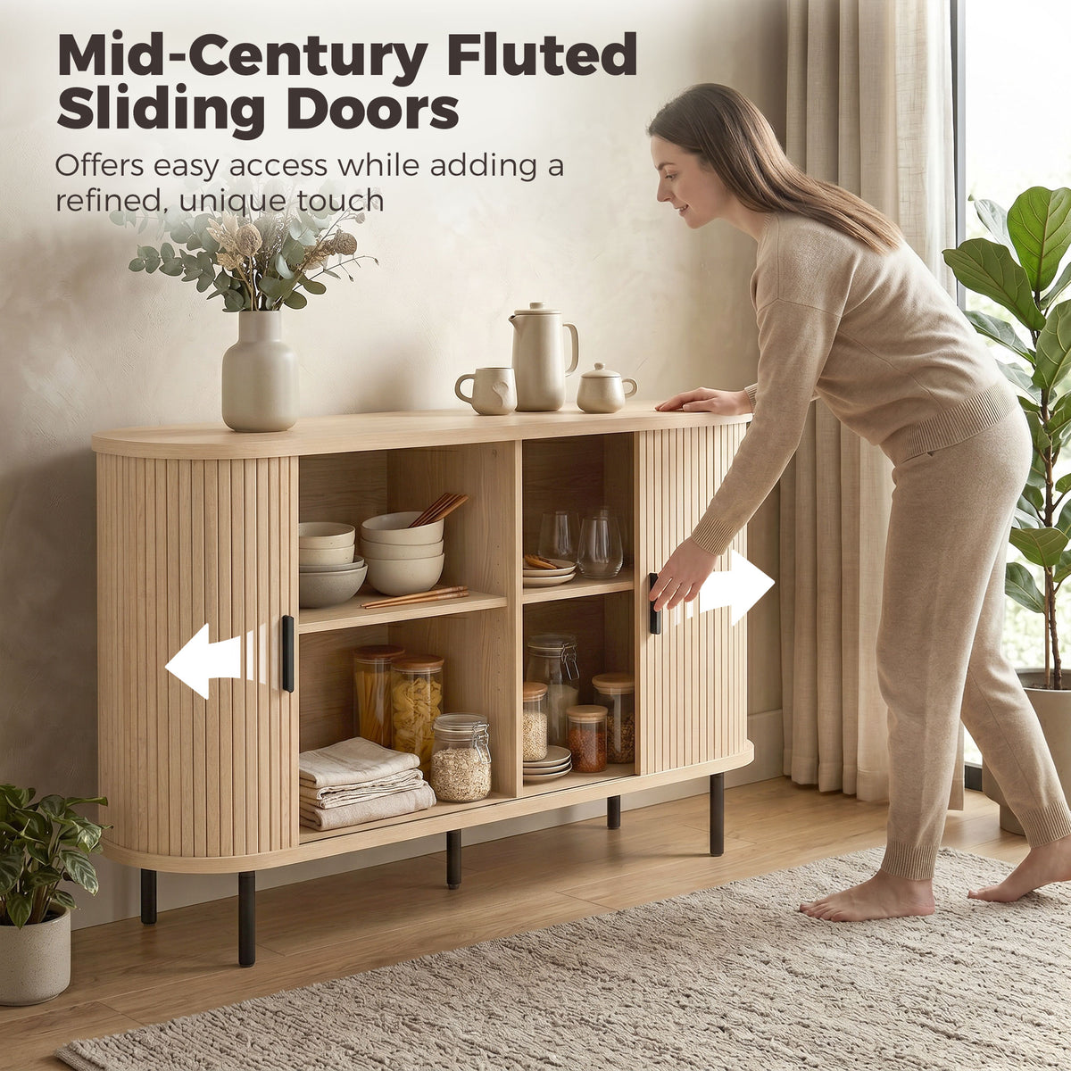 Fluted Sideboard Buffet Cabinet with Sliding Doors Adjustable Shelves