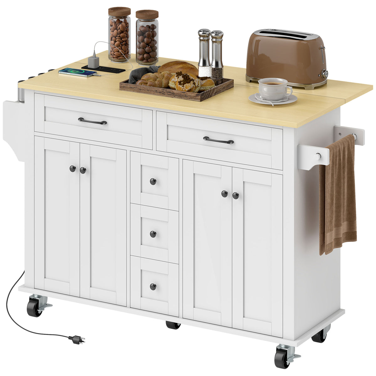 Kitchen Island Cart on Wheels with Outlets & Drop Leaf