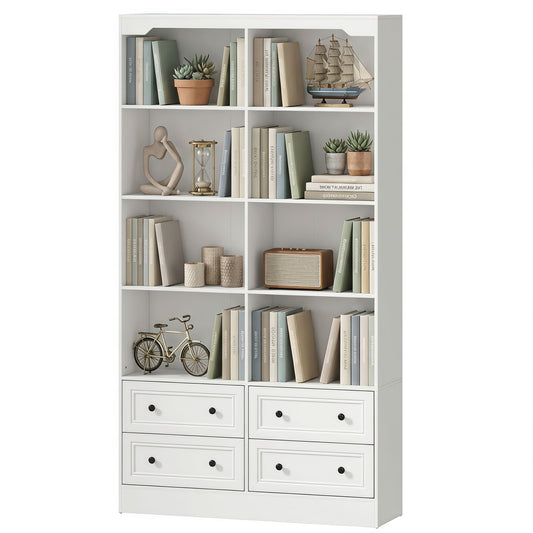 Double wide bookshelf with 8 cubbies and 4 drawers