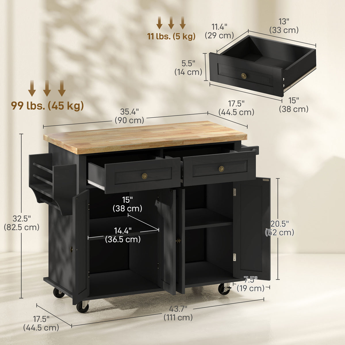 Rolling kitchen island with storage and wood top