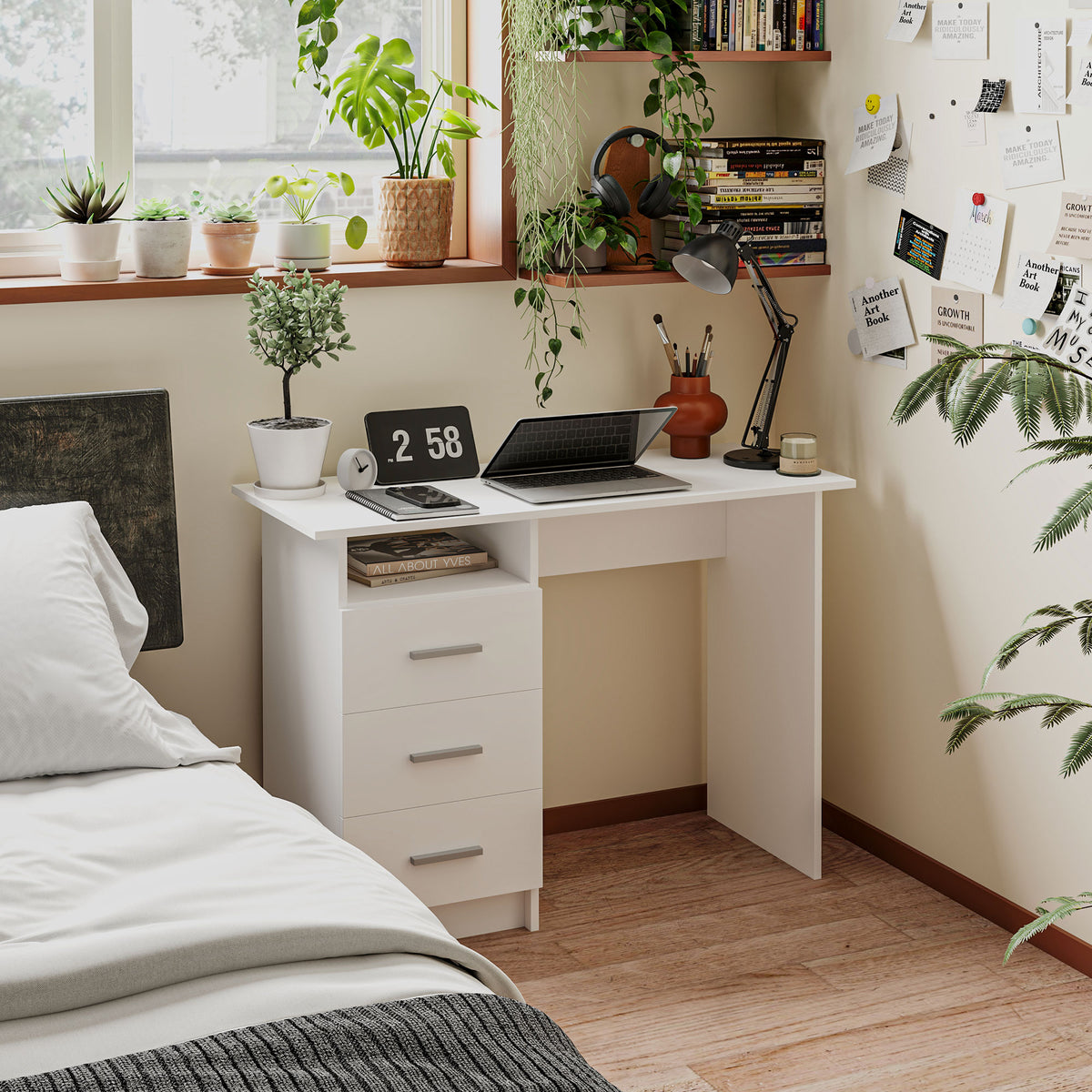 Computer Desk with 3 Drawers and Open Shelf