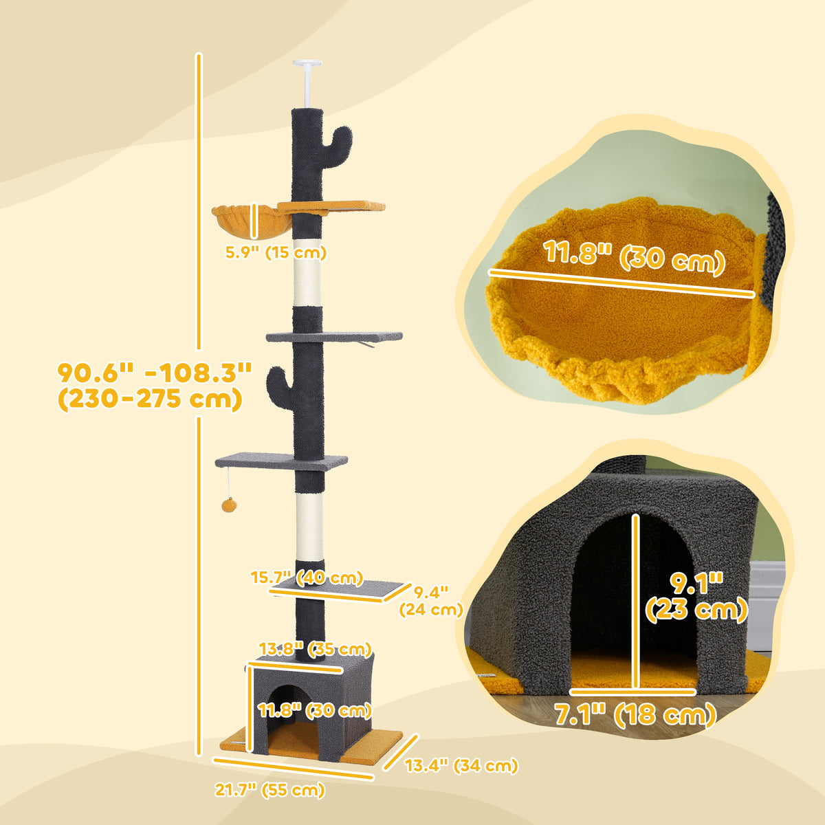 Floor to ceiling cat tree adjustable height tower