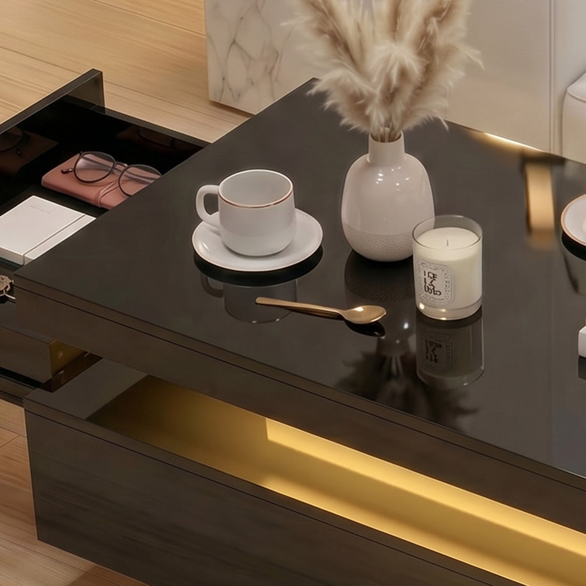 LED Coffee Table 2 Drawers High Gloss