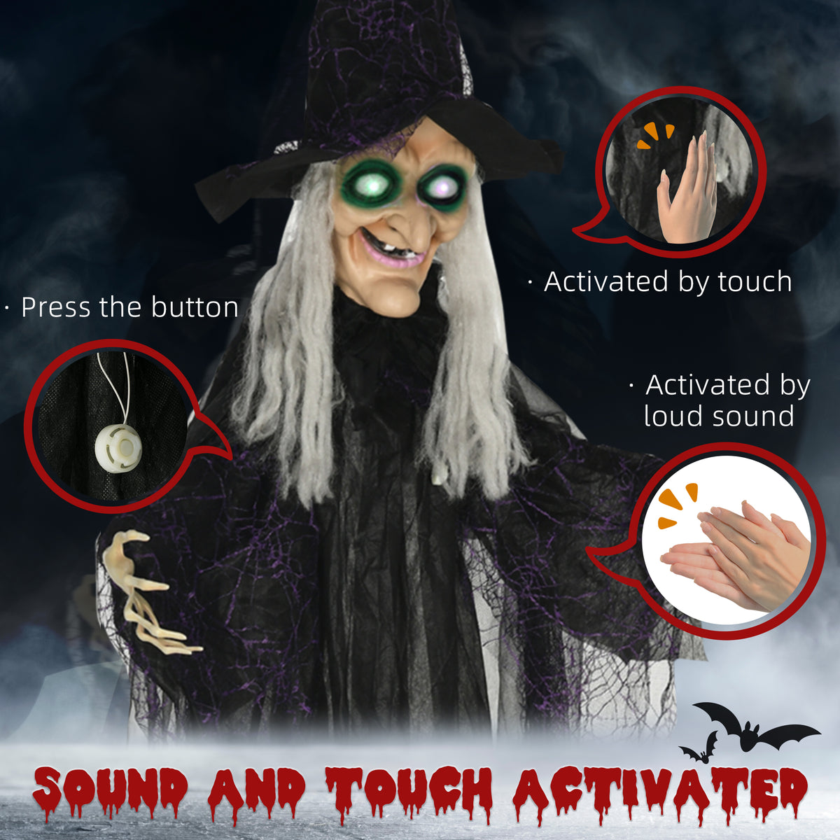 Life-Size Witch 6 ft Light-Up Eyes Halloween Prop — Black