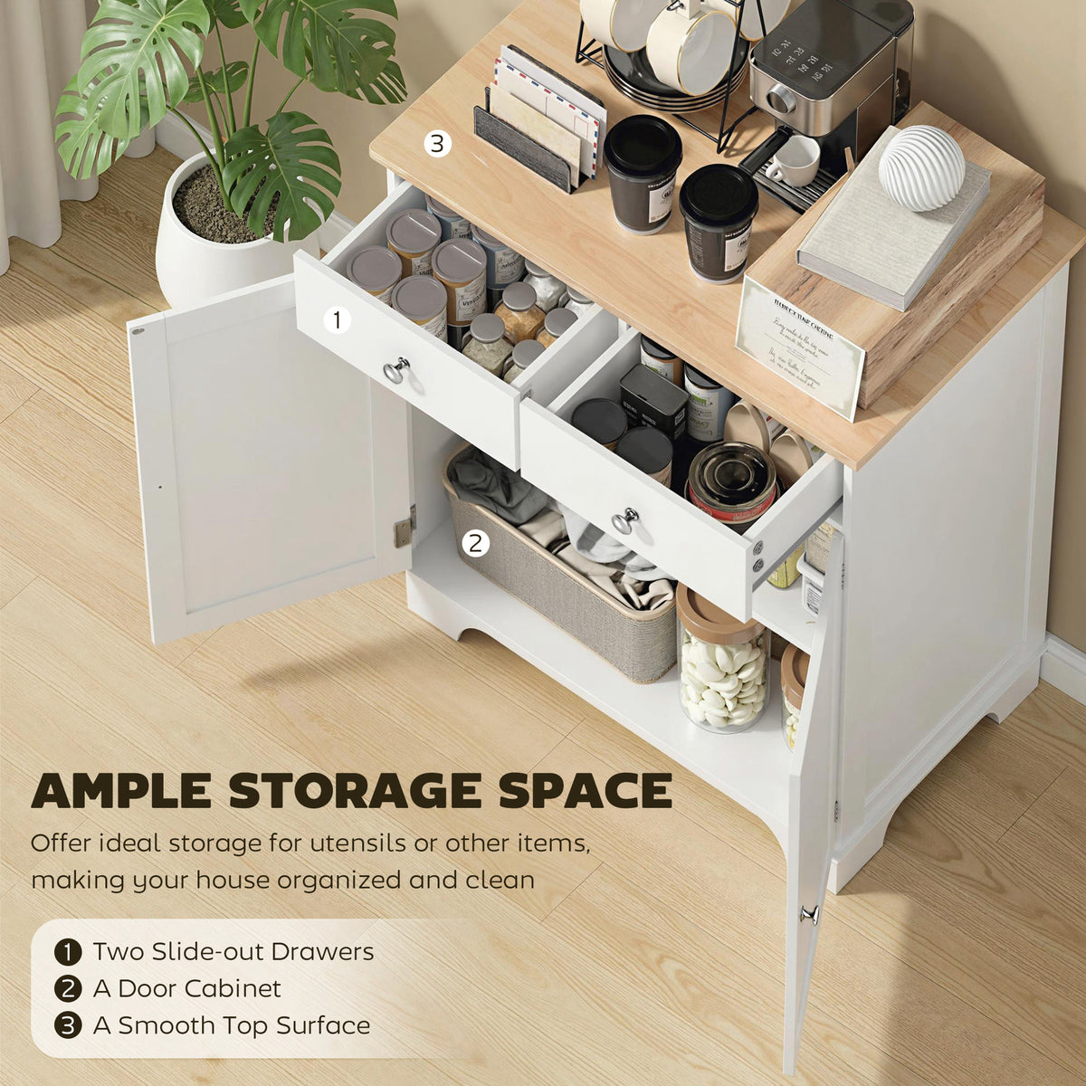 Kitchen Buffet Cabinet with Drawers and Adjustable Shelf