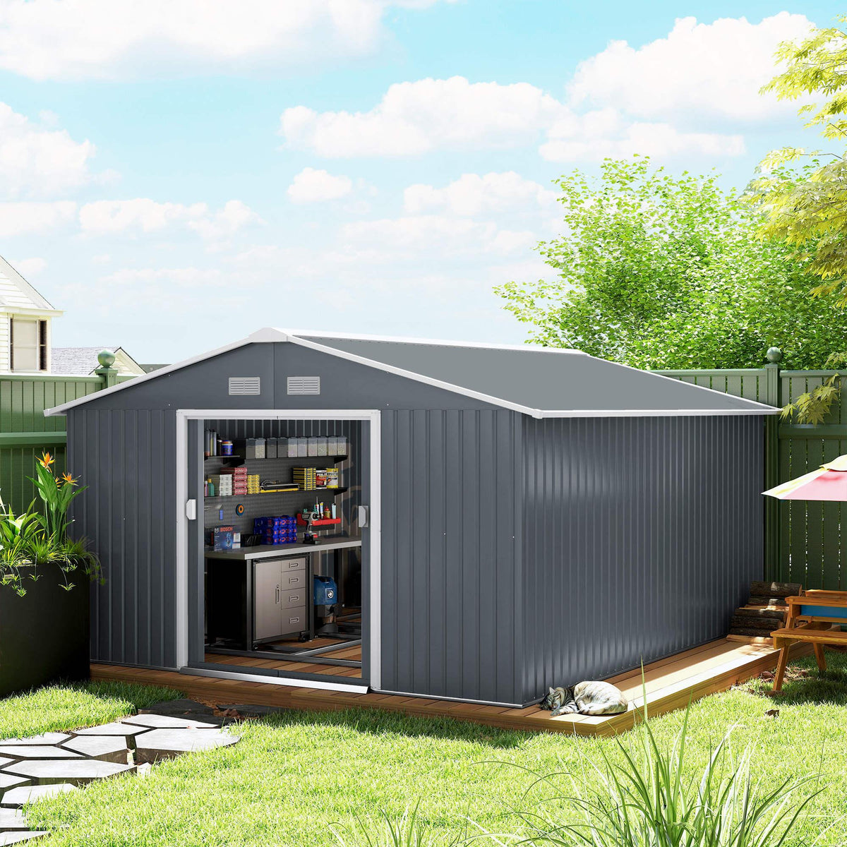 Galvanized Steel Garden Shed with Double Sliding Door