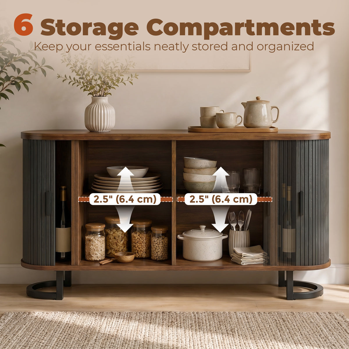 Fluted Sliding Door Sideboard Cabinet 55 in