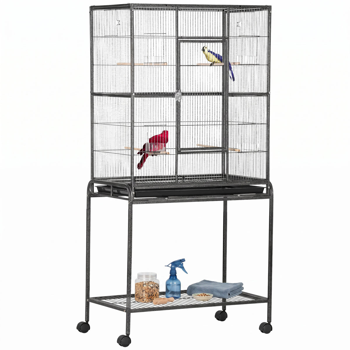 Large Rolling Bird Cage with Perches and Feeder Cups