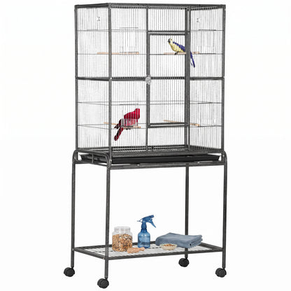 Large Rolling Bird Cage with Perches and Feeder Cups