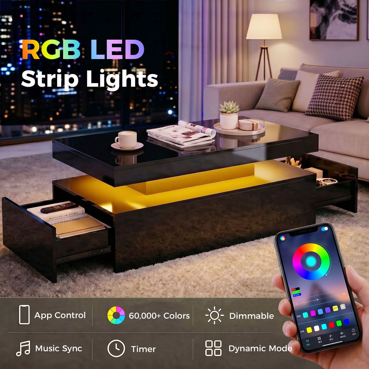 LED Coffee Table 2 Drawers High Gloss