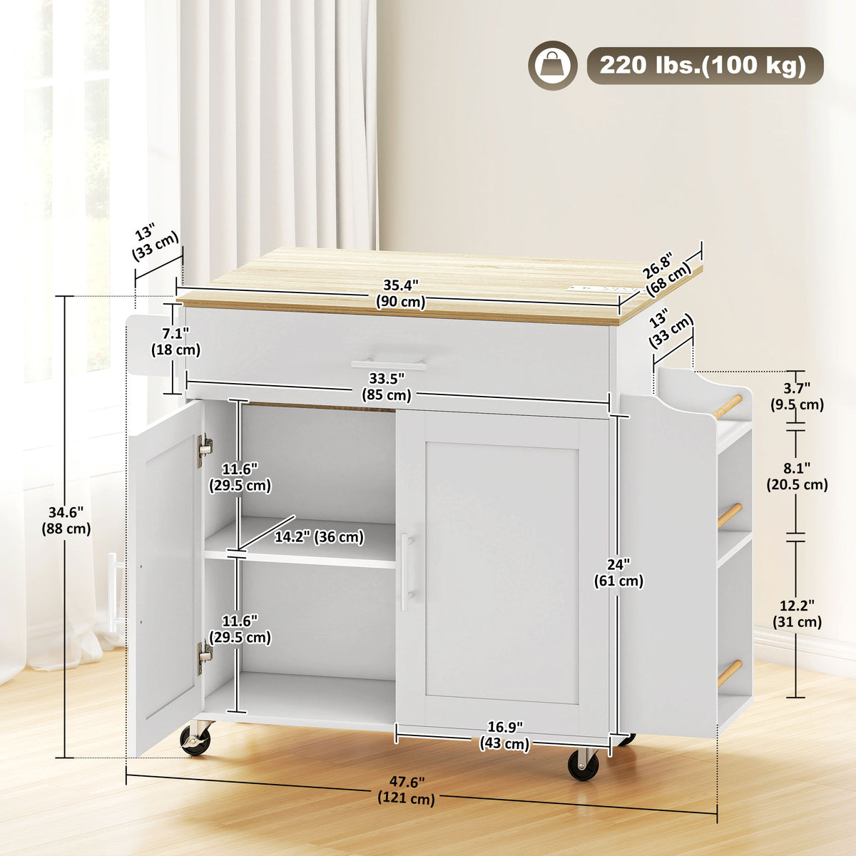 Kitchen island on wheels with drop-leaf countertop