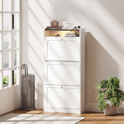 Slim shoe cabinet with 3 flip drawers and sensor light