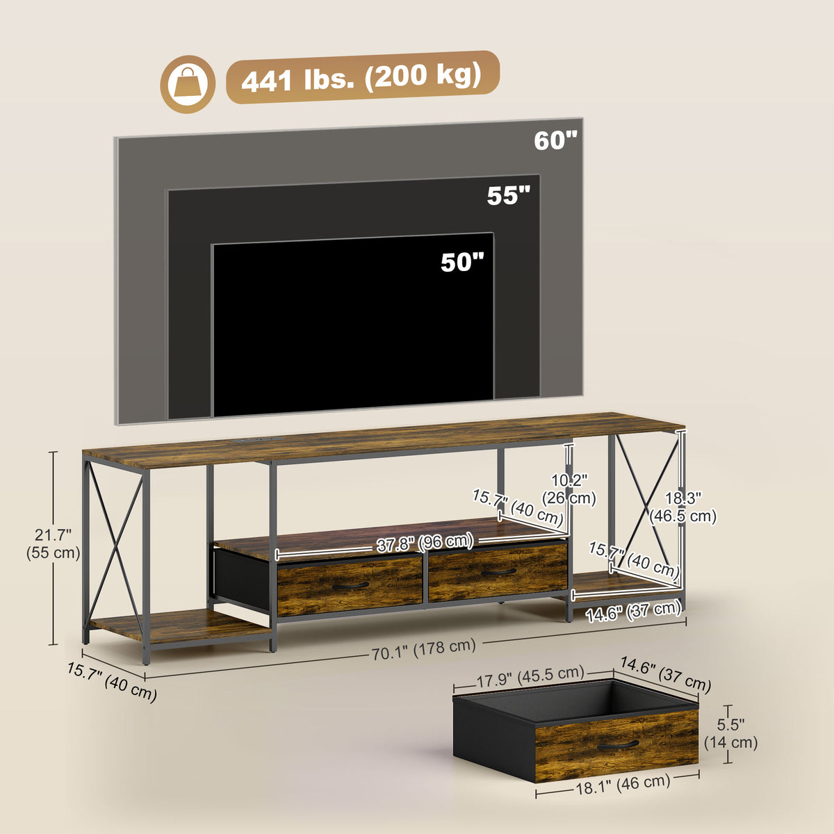 Mueble de TV industrial con iluminación RGB y estación de carga