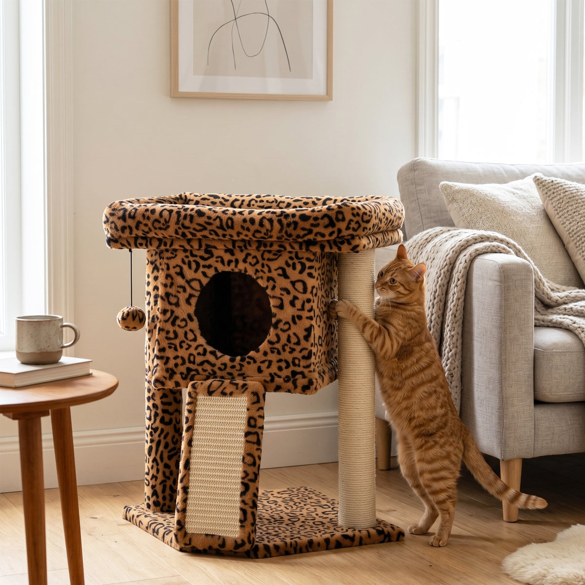 Rascador compacto para gatos con percha y caseta