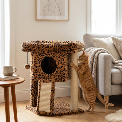 Rascador compacto para gatos con percha y caseta