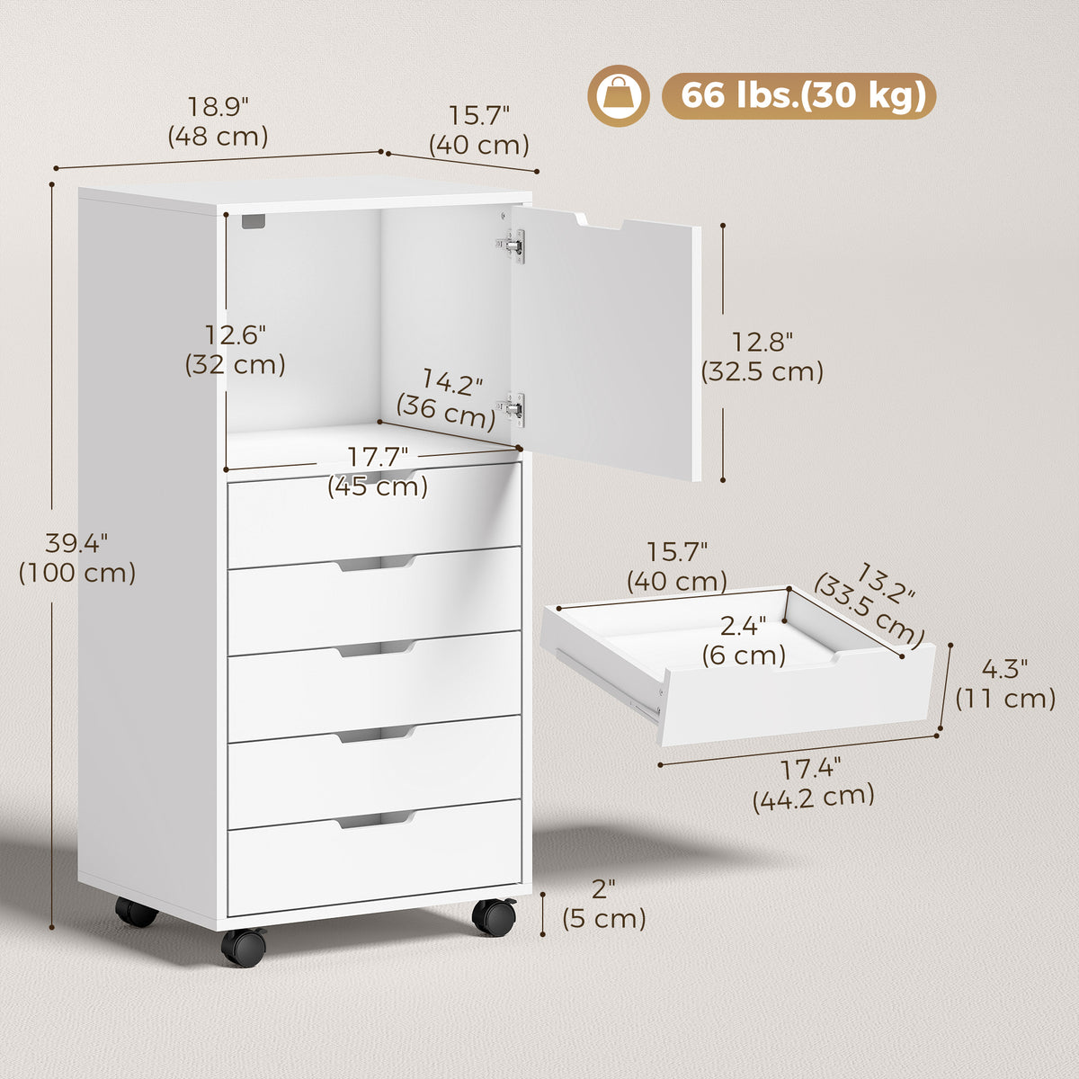 Mobile File Cabinet with Printer Stand and 5 Drawers