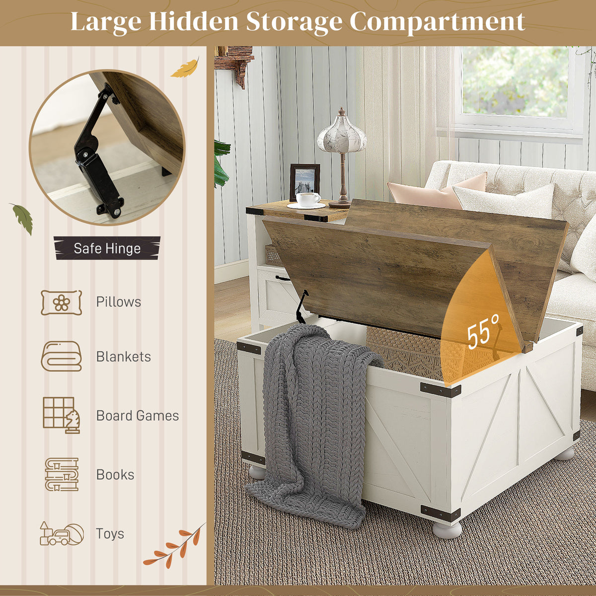 Farmhouse coffee table with hidden storage