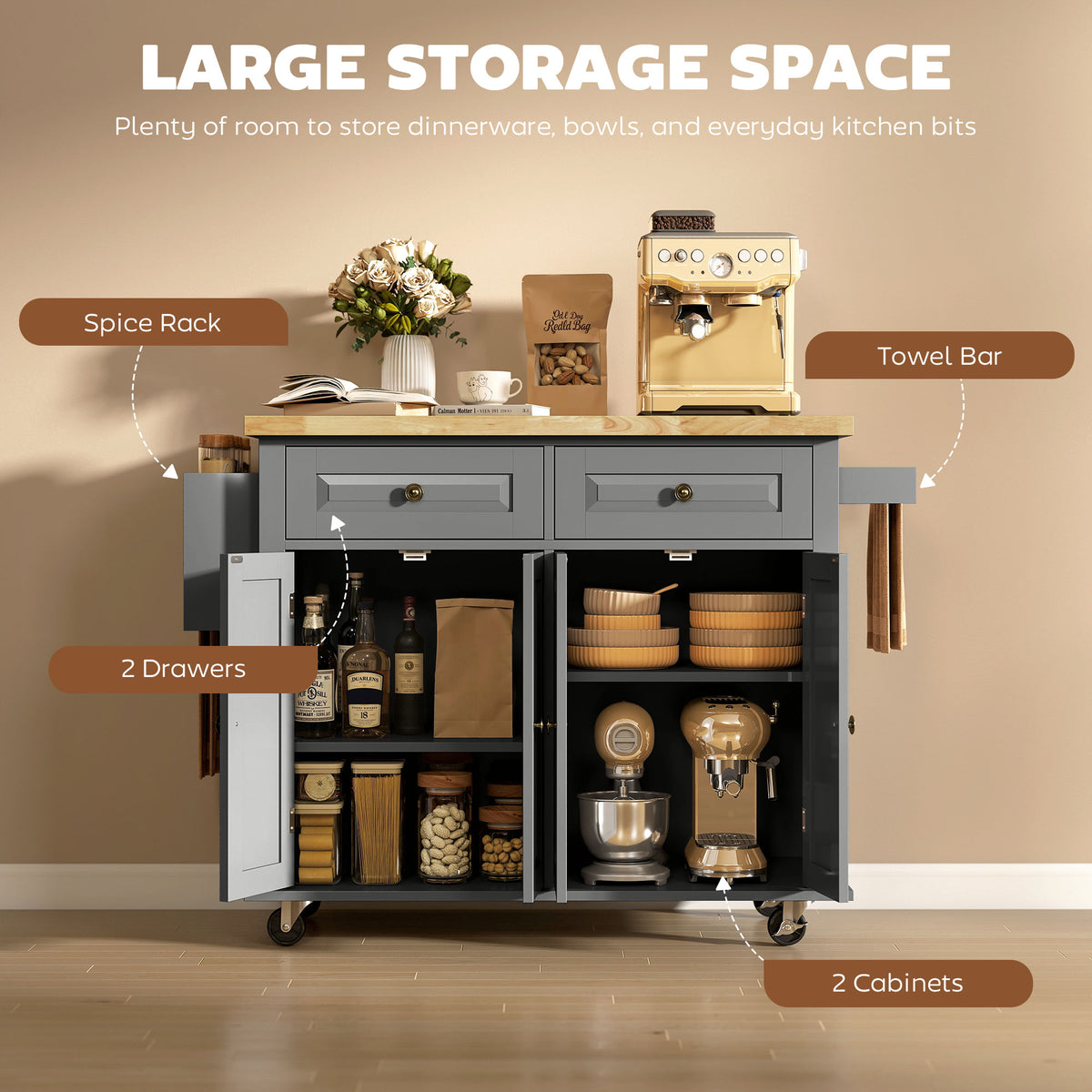 Rolling kitchen island with storage and wood top