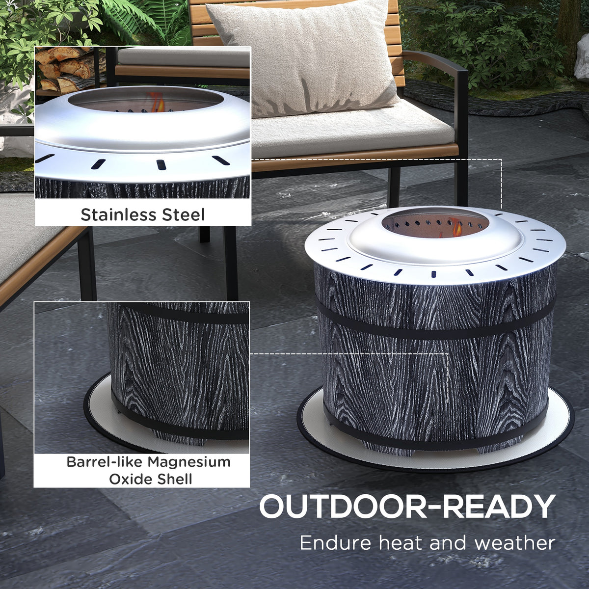 Brasero exterior sin humo con alfombra protectora